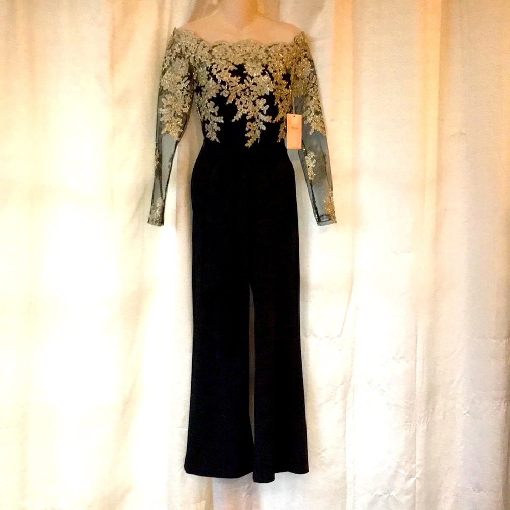 Gorgeous Gold and Black New with tags off-shoulder pantsuit size Small.